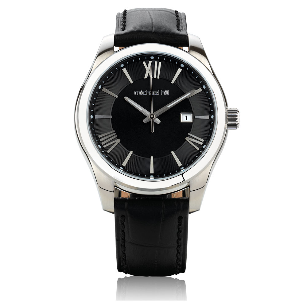 Men's Watch in Stainless Steel & Black Leather