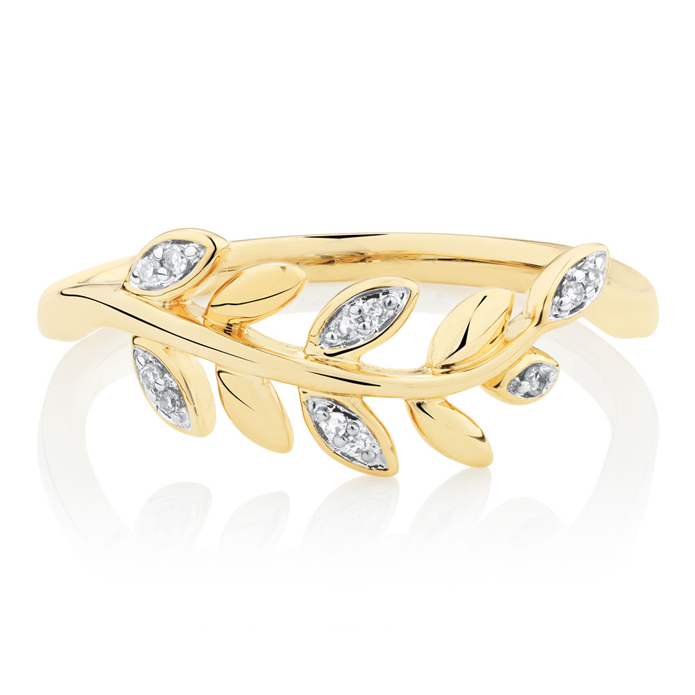 Olive Leaf Ring with Diamonds in 10kt Yellow Gold