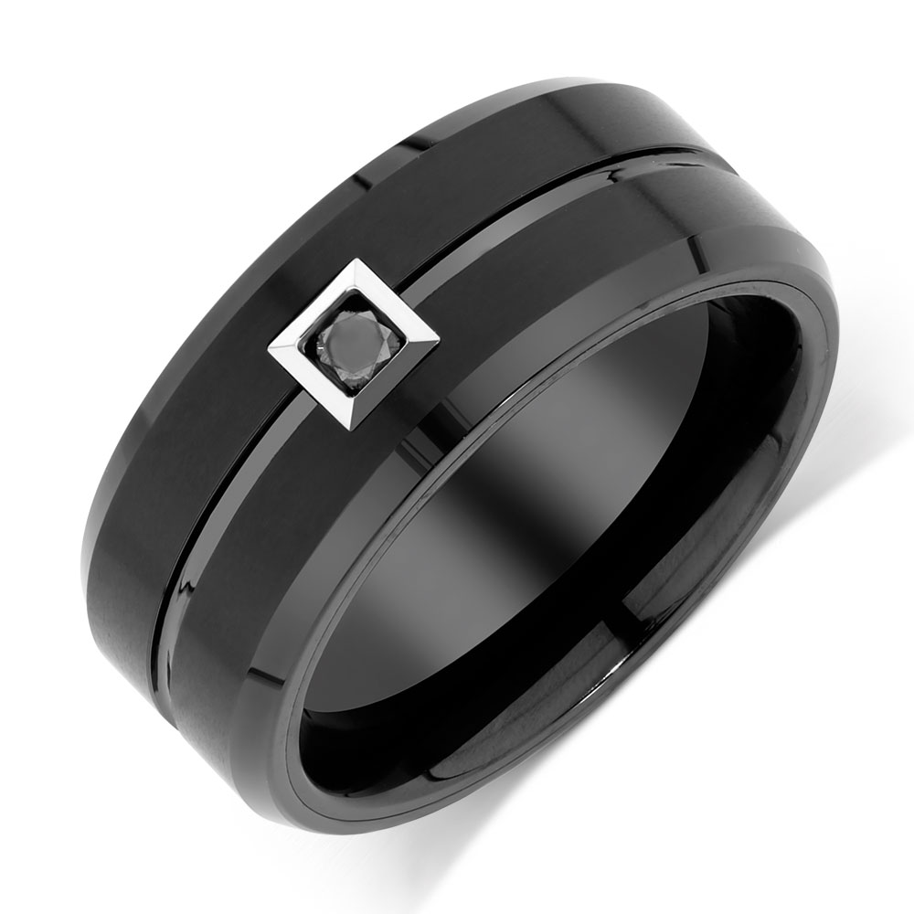 9mm Men's Diamond Set Ring in Black Tungsten