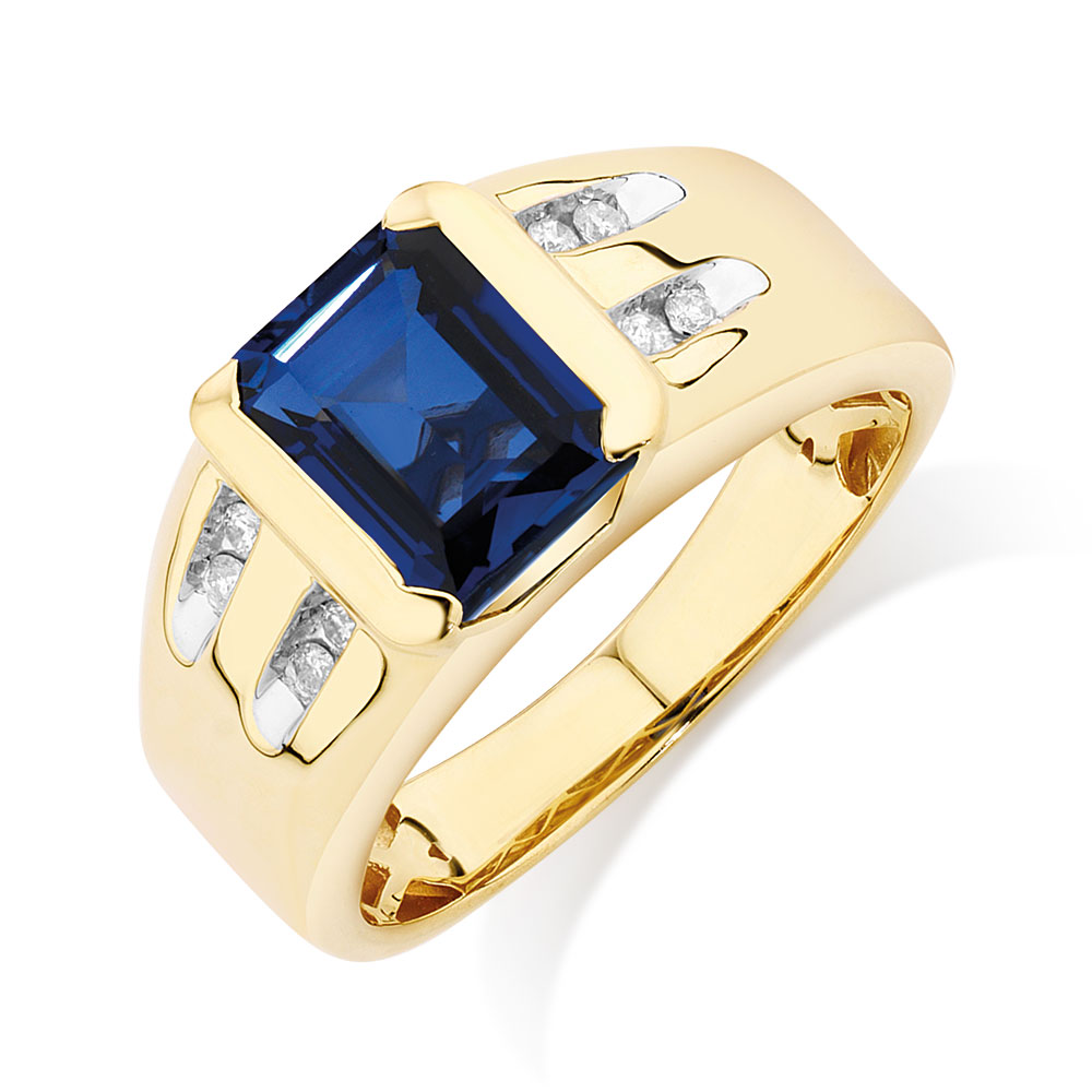 Men's Ring with Created Sapphire & Diamonds in 10kt Yellow Gold