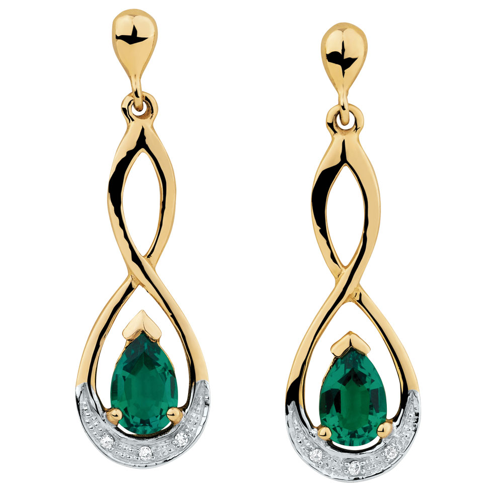 Drop Earrings With Created Emerald Diamonds In 10kt Yellow White Drop Earrings With Created Emerald Diamonds In 10kt Yellow White Gold